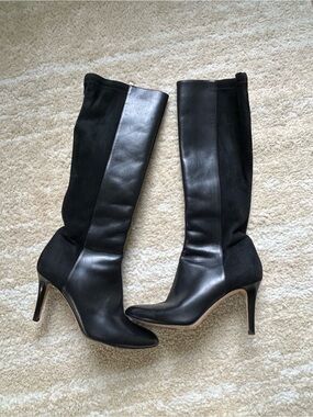 Jimmy Choo Black Leather Stretch Knee High Boots Heels EU 38 US 8 Italy